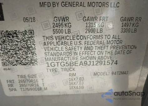 2018 GMC Canyon z USA, uszkodzony, nr VIN 1GTG5BEA9J1291574